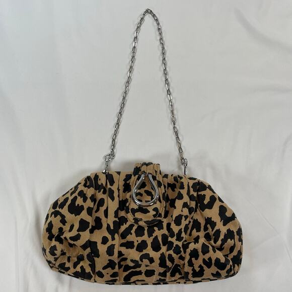 Nine West Handbags - Nine West Leopard Print Faux Suede Pouch Clutch Bag Tan Black Chain Strap